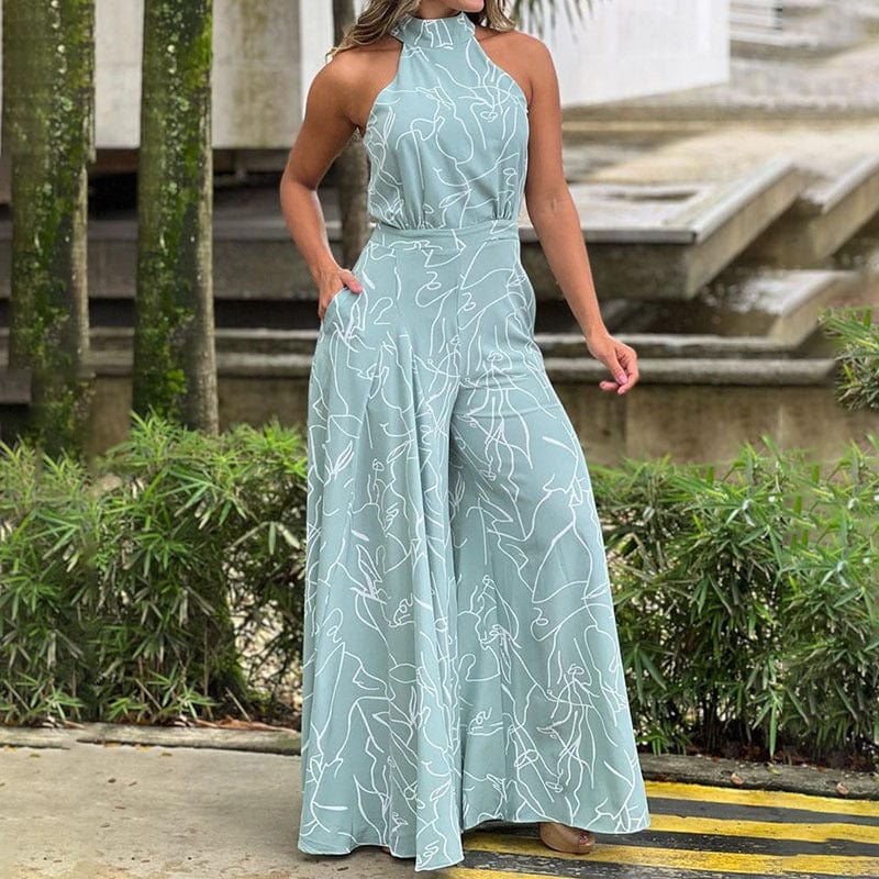 3 XL / Light blue + white lines women bodysuit temperament elegant cinched waist strappy sleeveless halterneck wide leg pants ladies printed one piece jumpsuits