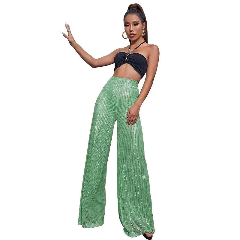 3 XL / Light green elegant y2k ladies female shiny orange red white hot pink sequin dance party pants summer women high waist flare pants for women