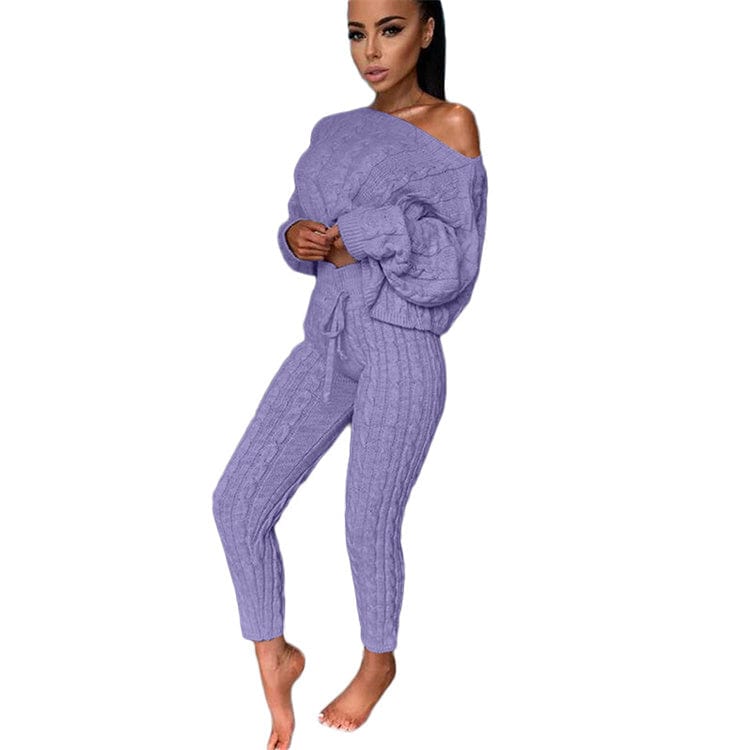 3 XL / Light purple 2pcs/Set Autumn Winter Knitted Outfits Women Pant Suits Sexy One Shoulder Sweaters Skinny Pants Two Piece Set Women