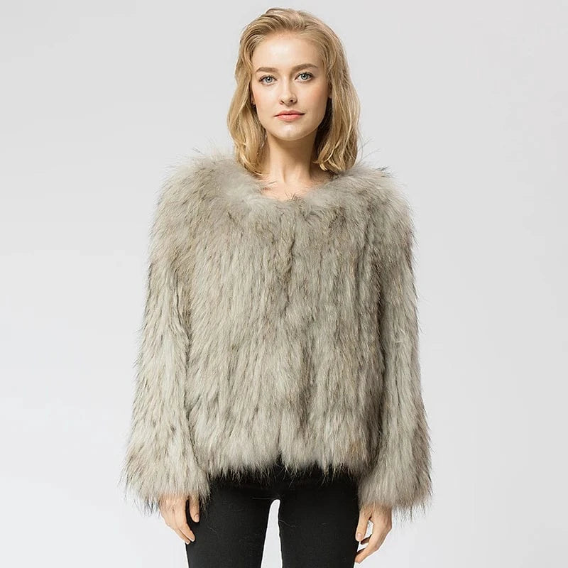 3 XL / Natural grey Pudi CR035 knit knitted Real raccoon fur coat jacket overcoat high quality women'sr warm genuine fur coat