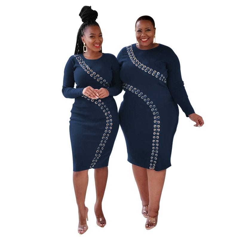 3 XL / NAVY American Autumn and Winter New Hollow out Strap Fashion Sexy Tight Women's Dress For Fat Women