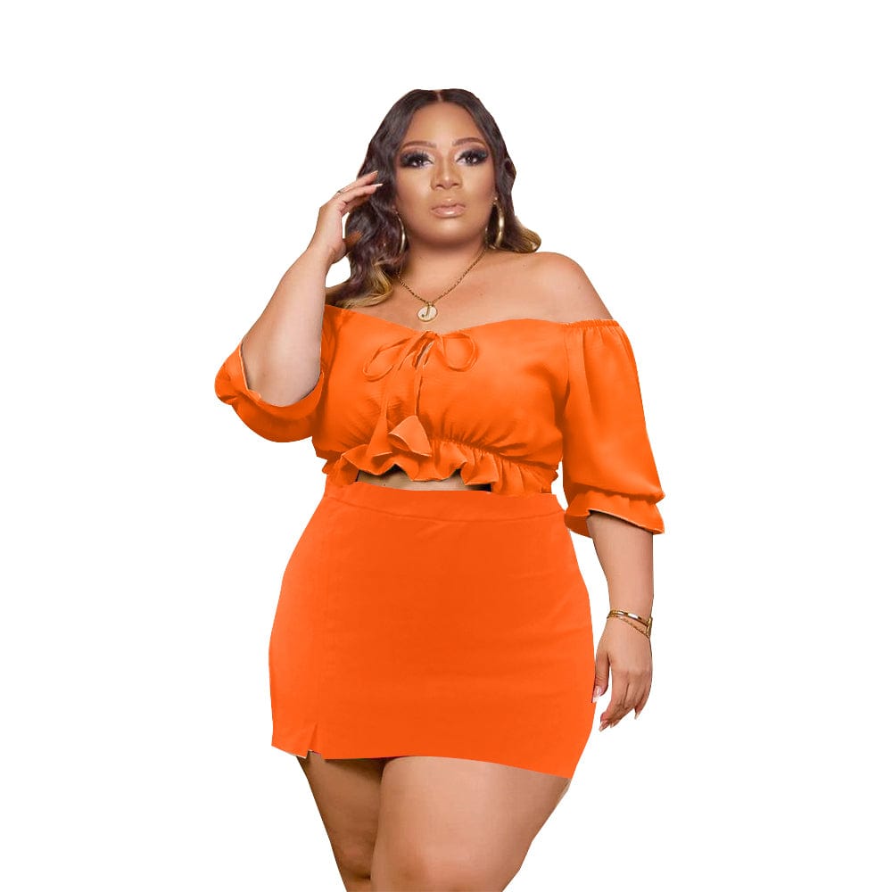 3 XL / Orange Custom 2022 New Arrival Summer Ladies Two Piece Sets Solid Color Dress Set Casual Skirt Women Clothing Two Piece Skirt Set