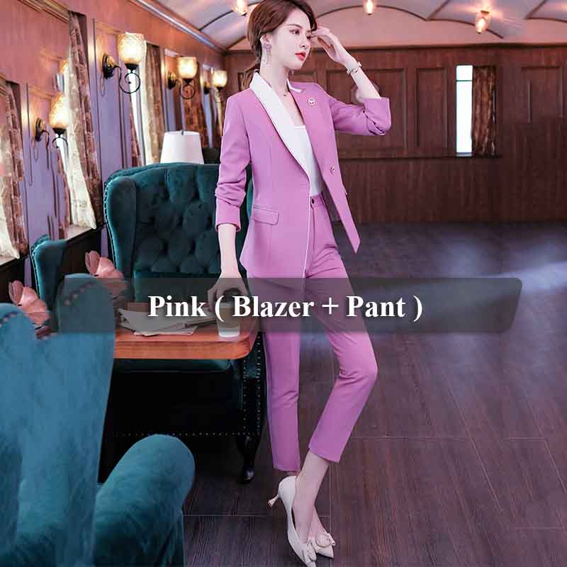 3 XL / Pink 2 Piece set Wholesaler Soft and Comfortable Contrast Collar Pant Suit Women Slim Fashion OEM Style Office Lady Long Sleeve Blazer and Pant