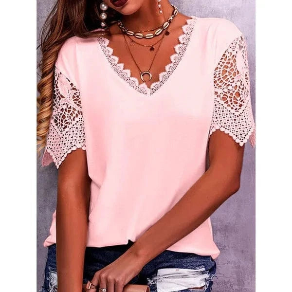 3 XL / Pink 2023 Women's T-shirt Lace Stitching Loose V-neck Short Sleeved T-shirt Women Office Shirt