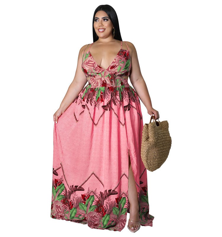 3 XL / Pink DM28163  2022 new arrival plus size flower printing v neck babydoll maxi standard suspender skirt sleeveless women dress