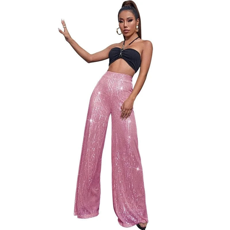 3 XL / Pink golden elegant y2k ladies female shiny orange red white hot pink sequin dance party pants summer women high waist flare pants for women