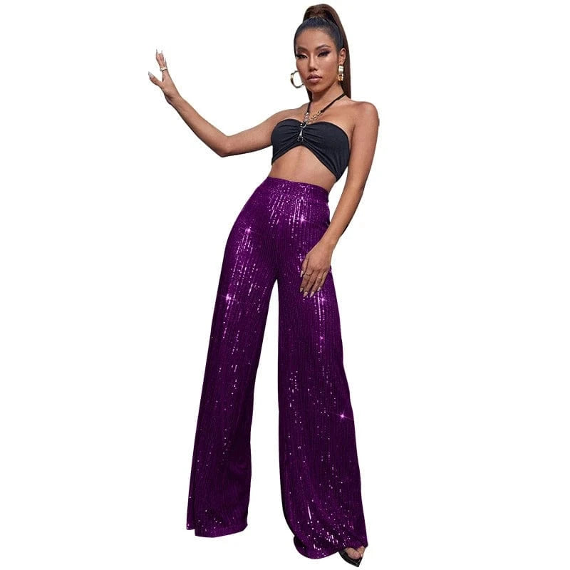 3 XL / Purple elegant y2k ladies female shiny orange red white hot pink sequin dance party pants summer women high waist flare pants for women