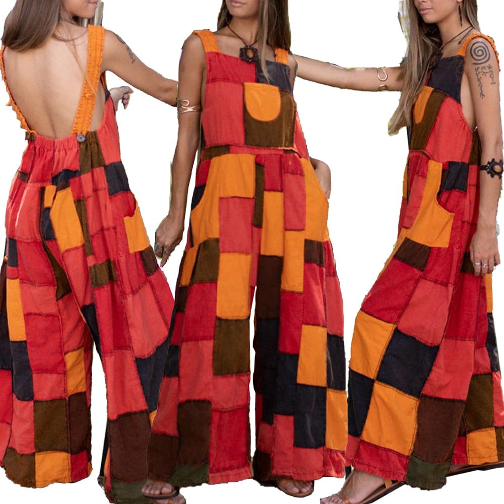 3 XL / Red Jumpsuits Playsuits Bodaysuits Women Boho Print Romper Long Playsuit Button Loose Overalls Pocket Jumpsuit