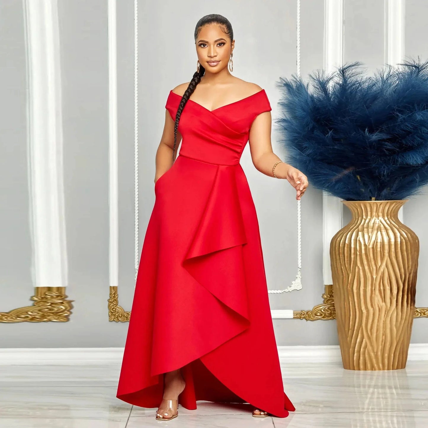 3 XL / Red Modest asymmetrical hem maxi elegant dresses casual dresses with deep v neck