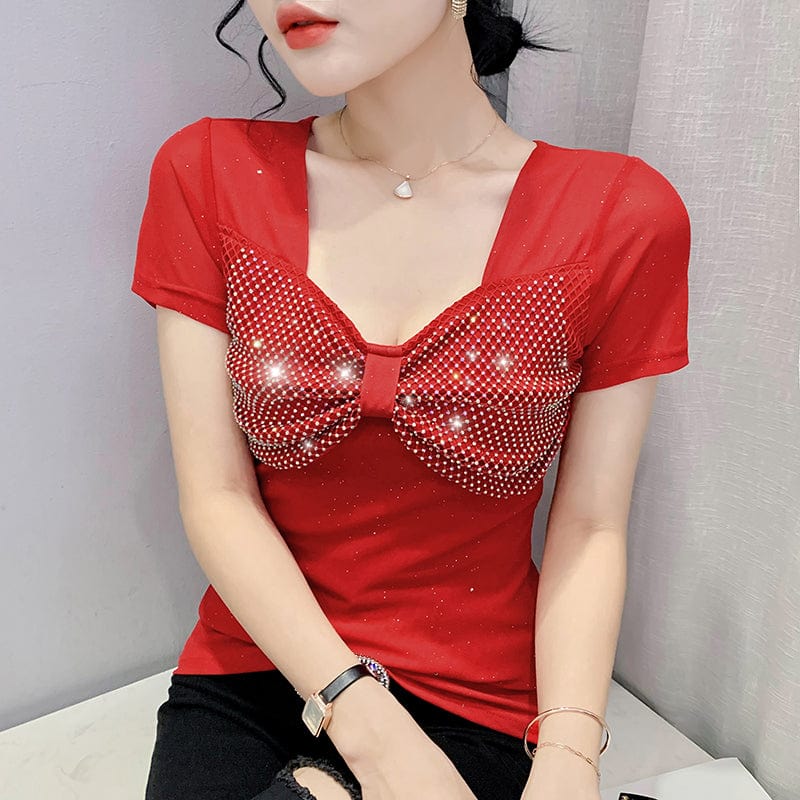3 XL / Red New 2022 T-Shirt Women Square Collar Handmade Diamonds Beading Bow Bling Bling Women Tops Tees Short Sleeve Summer T25906