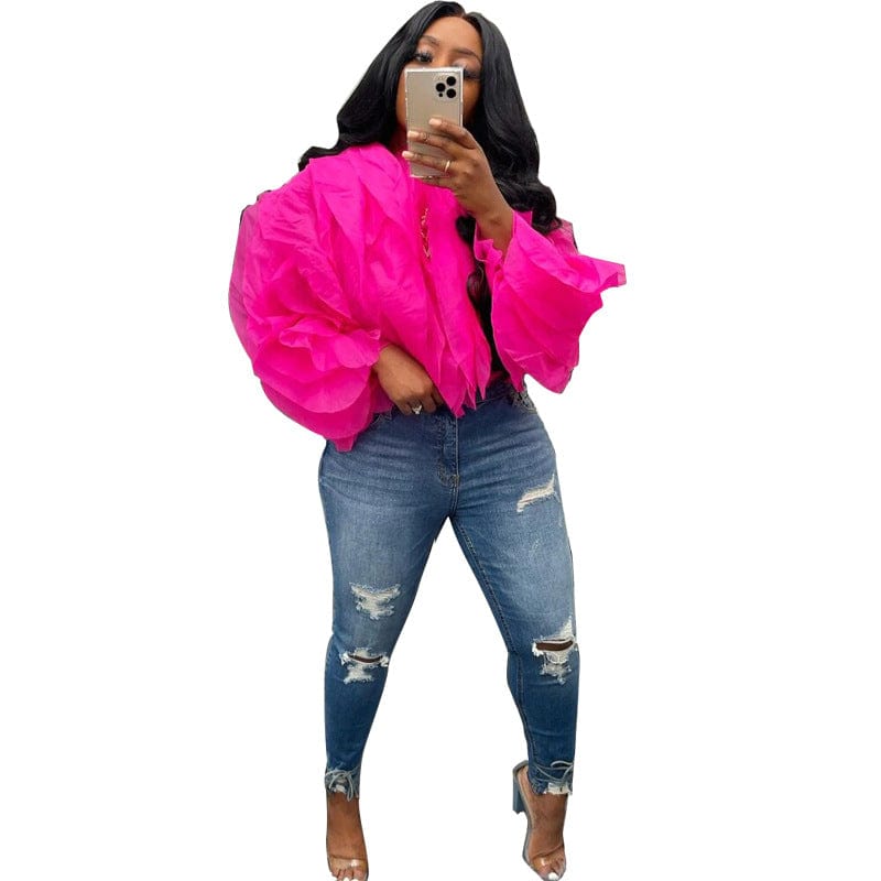 3 XL / Red OUDINA New Layered Puffy Chiffon Long Sleeve Ladies Shirts Blouses Tops Shirts For Women