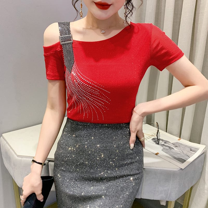3 XL / Red Sexy Off-shoulder T-Shirt Women New Handmade Diamonds Beading Women Tops Tees Slim Stretchy Short Sleeve Summer T25910