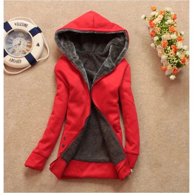 3 XL / Red YSMARKET S-3XL Hot Sale Casual Women Thicken Coat Warm Female Clothes Overcoat With Pockets Long Sleeve Hooded Tops E9998