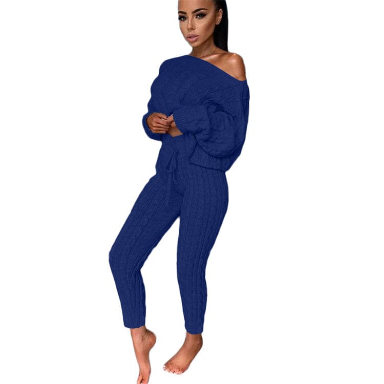3 XL / Sapphire blue 2pcs/Set Autumn Winter Knitted Outfits Women Pant Suits Sexy One Shoulder Sweaters Skinny Pants Two Piece Set Women