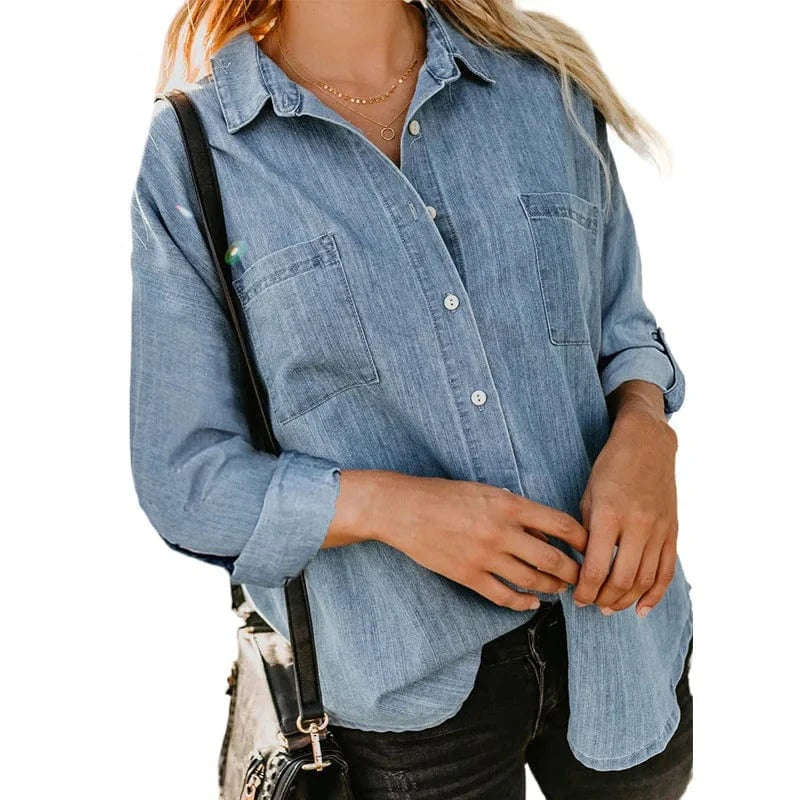 3 XL / Sky Blue 2023 Women's Denim shirt Spring and Autumn New loose Double pocket Long sleeve All-match Casual Coat shirt