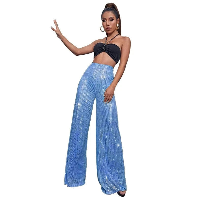 3 XL / Sky Blue elegant y2k ladies female shiny orange red white hot pink sequin dance party pants summer women high waist flare pants for women