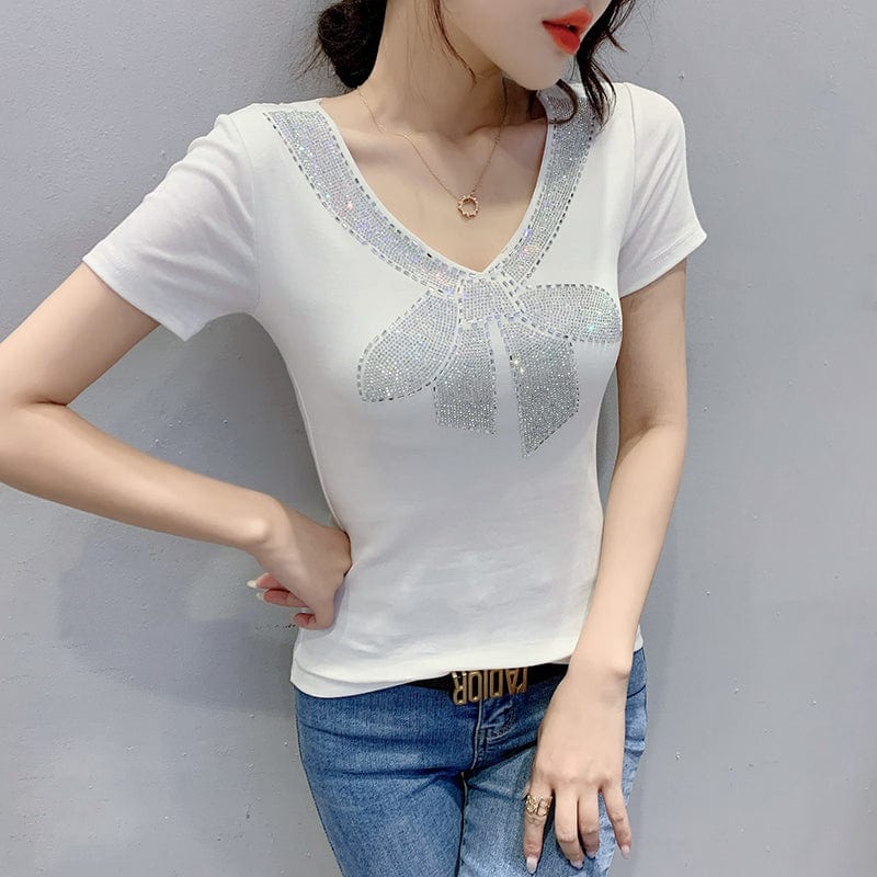3 XL / White Black T-Shirt Women New V-neck Handmade Diamonds Beading Bow Sexy Transparent Back Women Tops Tees Short Sleeve Summer T25601