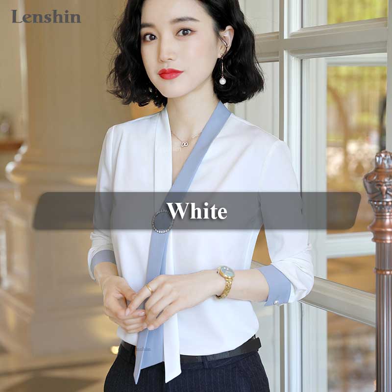 3 XL / White Lenshin V-neck Collar Tie Shirts for Women Blouse with Bow Work Wear Office Lady Female Tops Chemise Loose Fashion Style