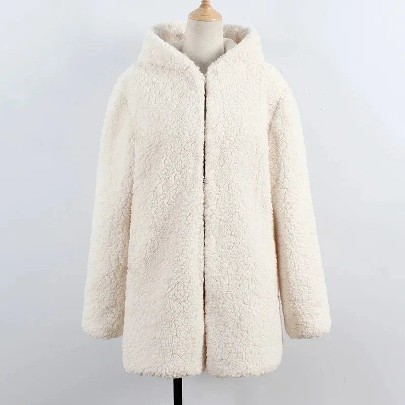 3 XL / White New Fashion Fleece Fuzzy Short Wool Coat Women Faux Fur Jacket Teddy Coat with Hooded