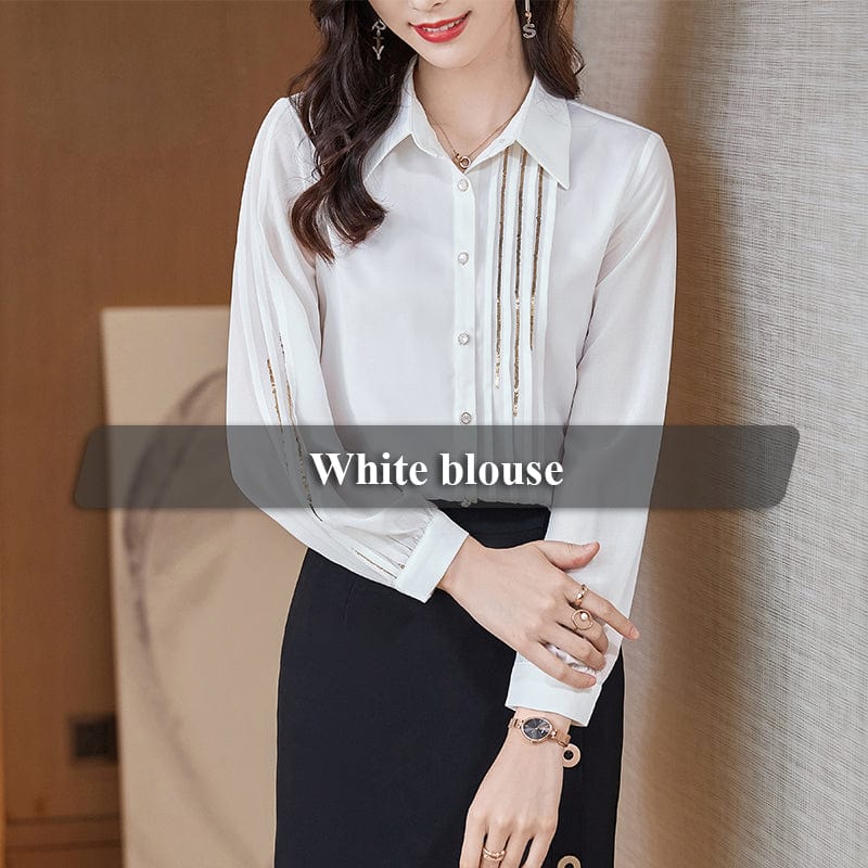 3 XL / White Wholesale High Quality New Elegant Female Loose Shirt Turndown collar Black Casual Women Clothes Tops Office Ladies Blouses