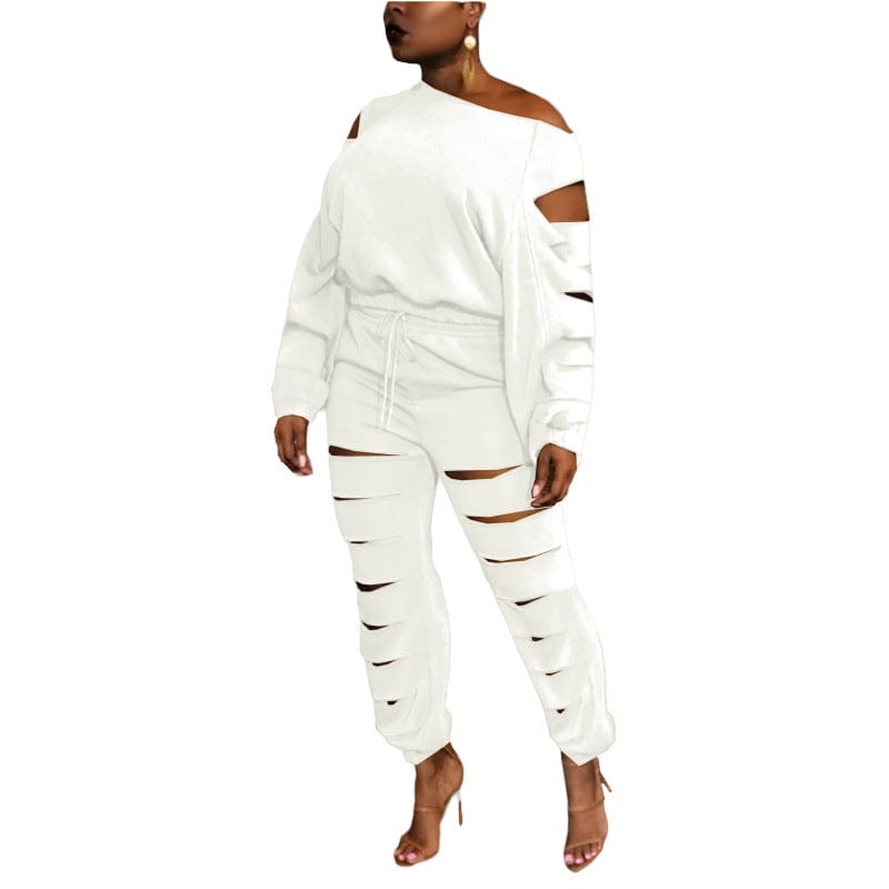 3 XL / White Women's fashion solid color hollow loose casual sloping shoulder sweater two-piece set
