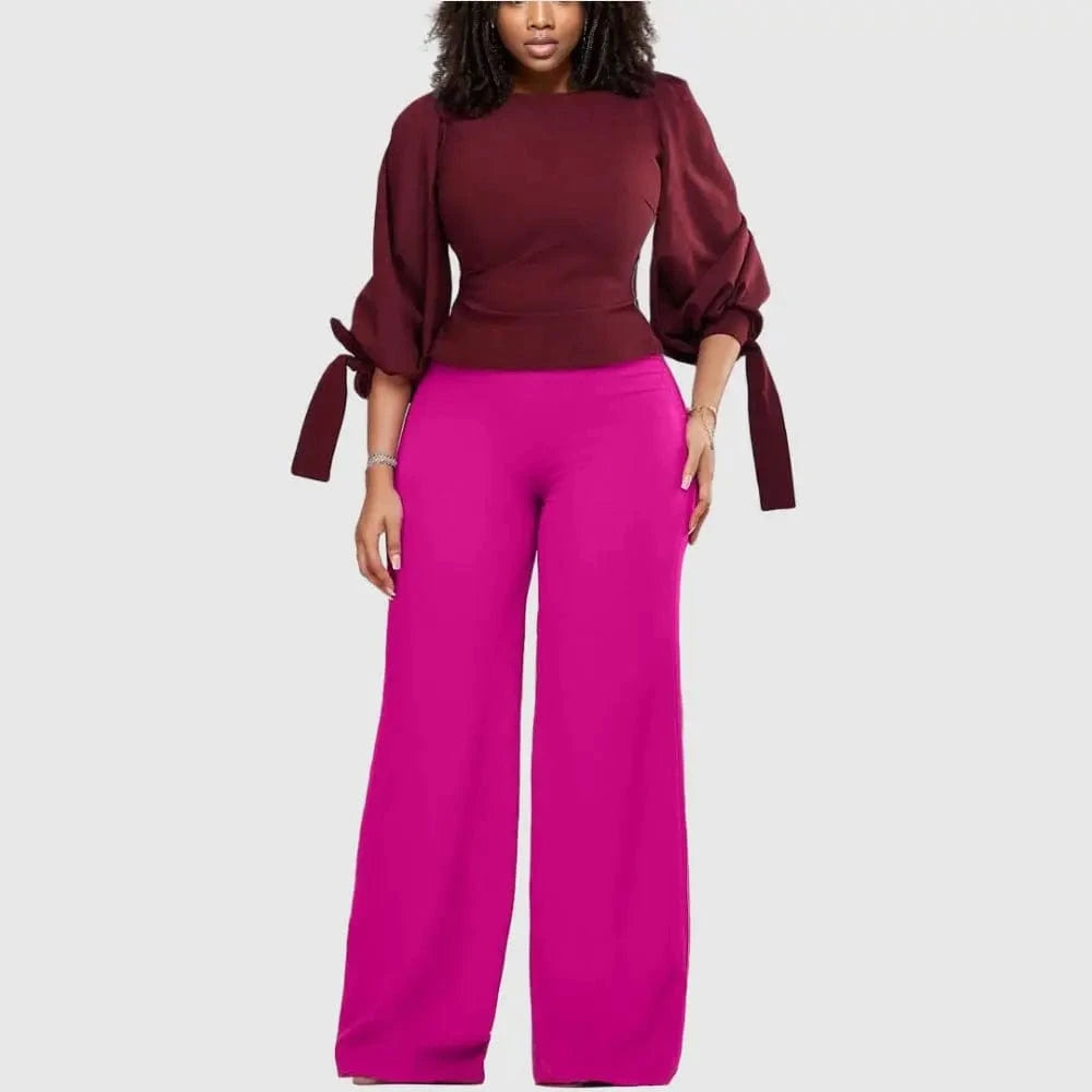 3 XL / wine red D0408ME12 Wholesale Going Out Solid Color Lantern Sleeve Elegant Long Pant Sets Sehe Fashion
