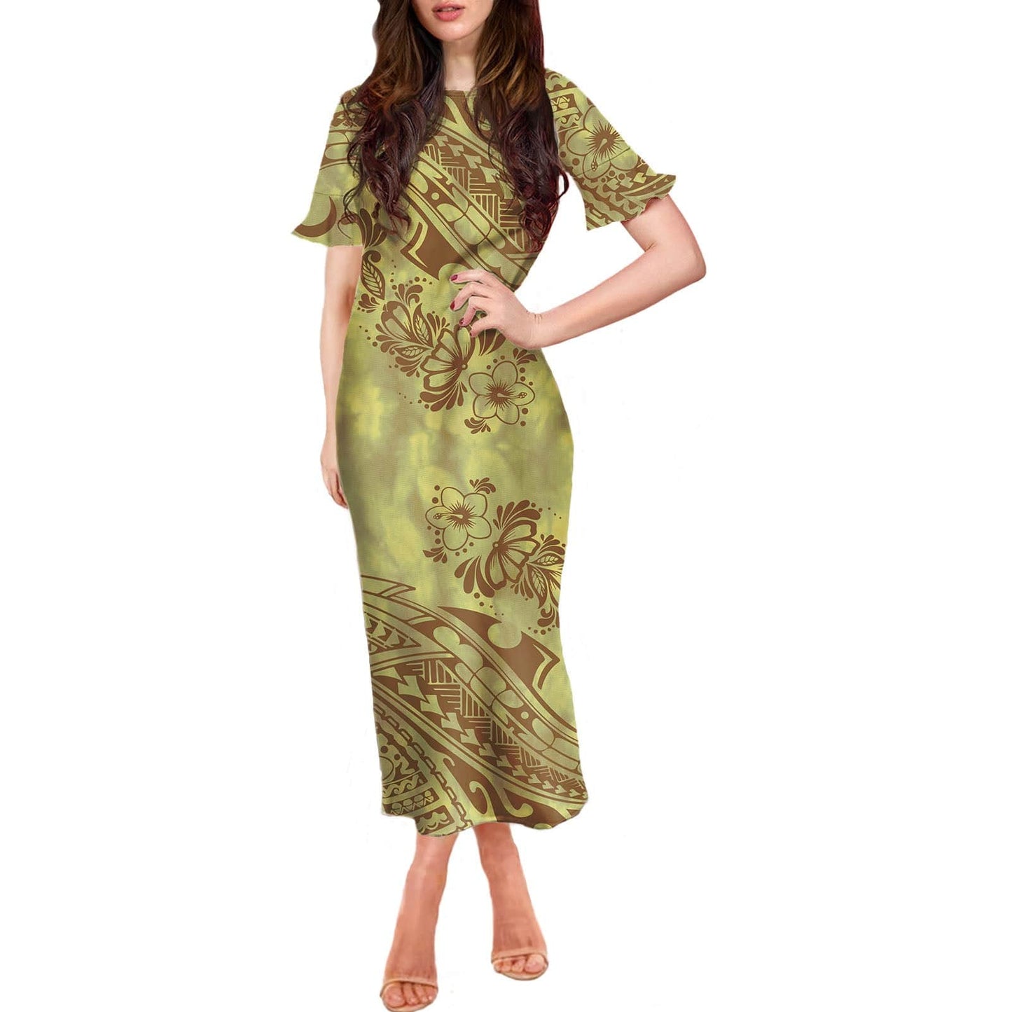 3 XL / XMGW3815D90 Stretchy Women Sexy Dresses Samoan Polynesian Print Summer Customize Dresses Ruffle Short Sleeve Casual Long Womens Party Dress