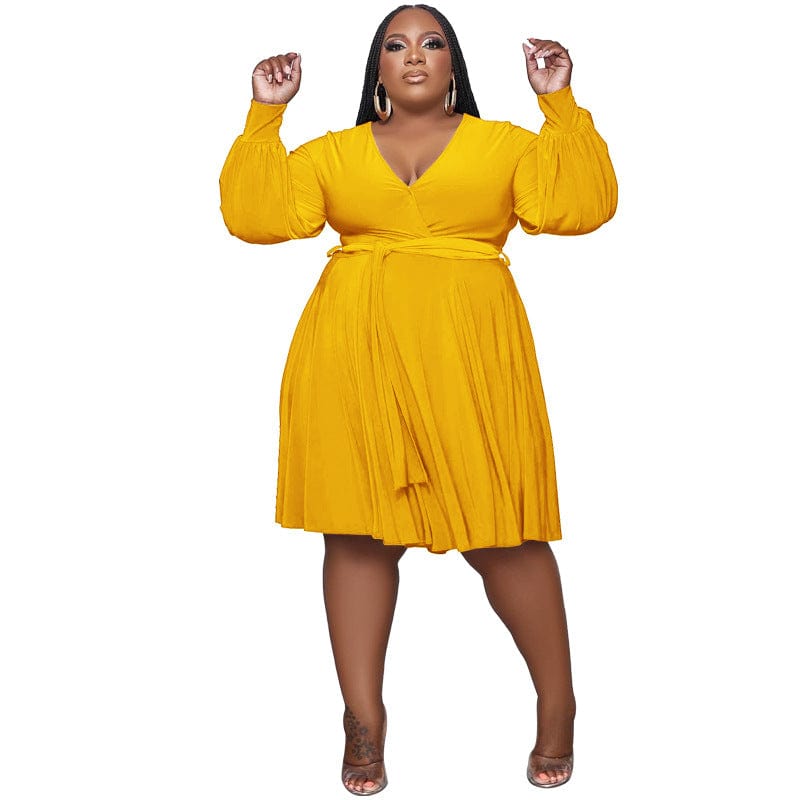 3 XL / Yellow 2023 New Arrivals Spring Women Clothing Solid Color V Neck Lace Up Belt Loose Casual Knee Length Knit Plus Size Dress