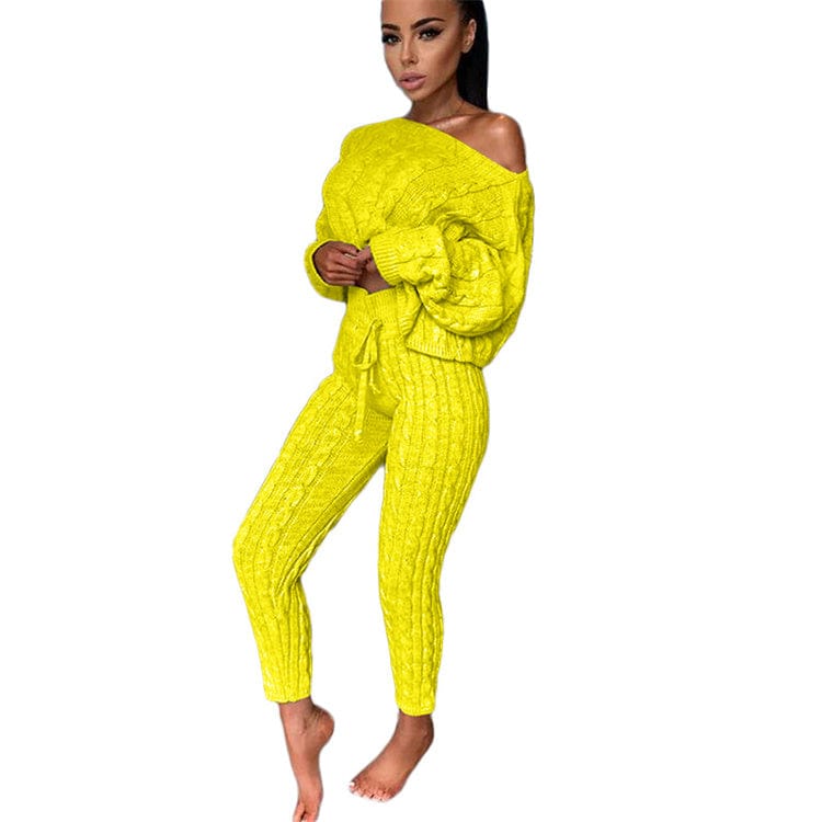 3 XL / Yellow 2pcs/Set Autumn Winter Knitted Outfits Women Pant Suits Sexy One Shoulder Sweaters Skinny Pants Two Piece Set Women