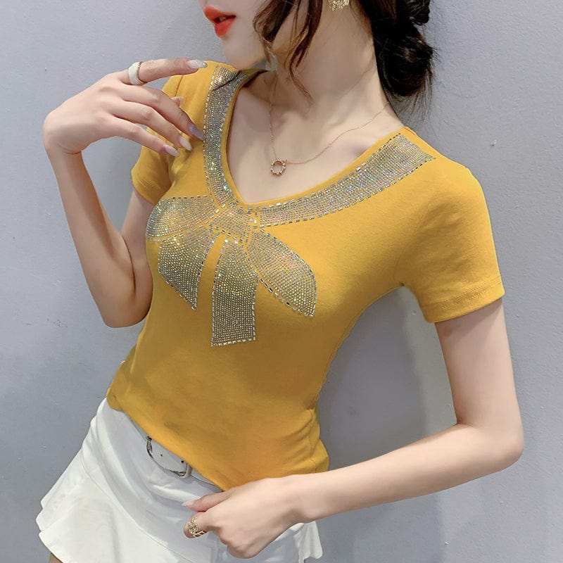 3 XL / Yellow Black T-Shirt Women New V-neck Handmade Diamonds Beading Bow Sexy Transparent Back Women Tops Tees Short Sleeve Summer T25601