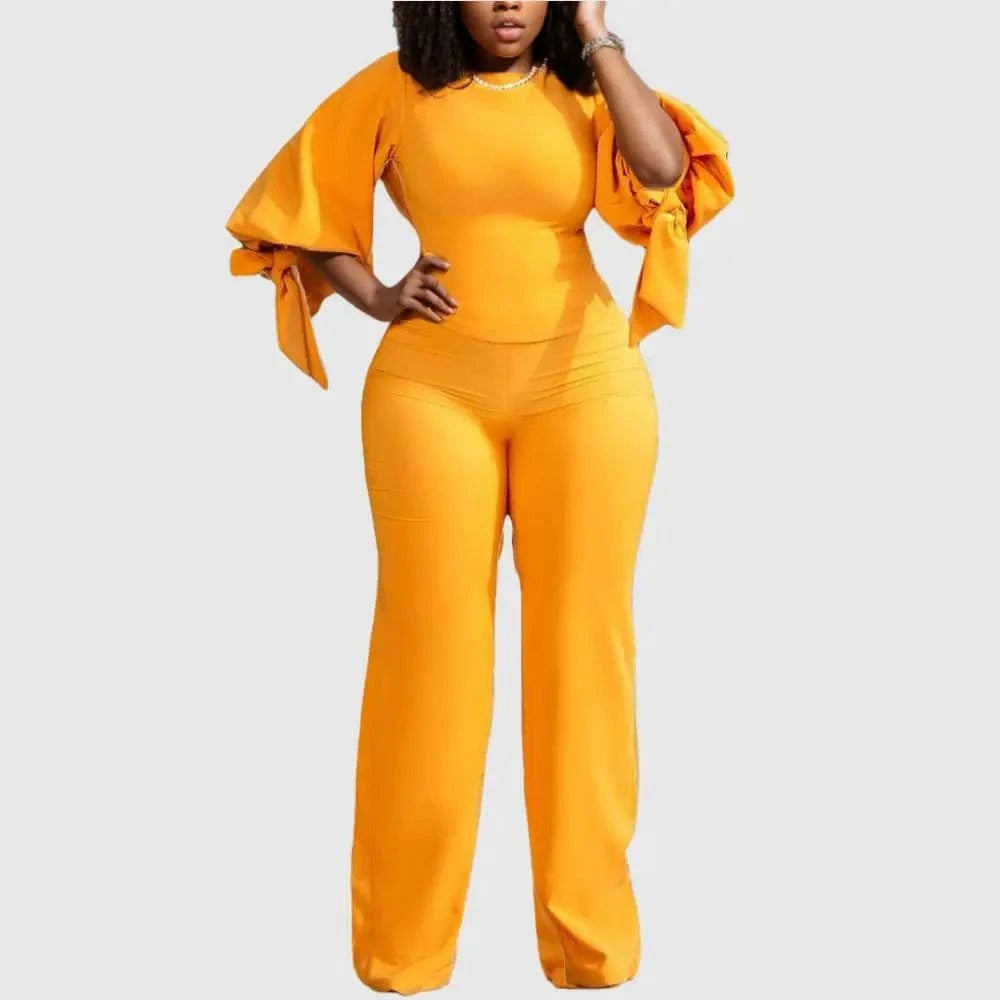 3 XL / Yellow D0408ME12 Wholesale Going Out Solid Color Lantern Sleeve Elegant Long Pant Sets Sehe Fashion
