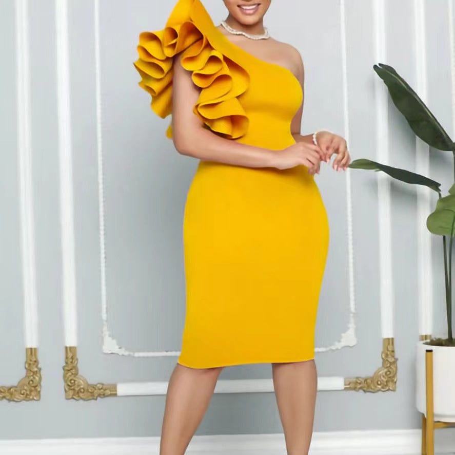 3 XL / Yellow J&H 2023 new design ruffled shoulder solid color midi bodycon party dress women boutique dresses slim fit elegance