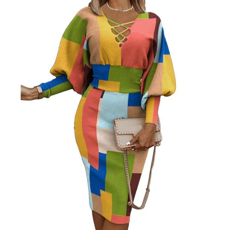 3 XL / Yellow Winter Fashion Print Dress Women Sexy V-Neck Long Sleeve Pencil Dress Elegant Temperament Slim Dress Women