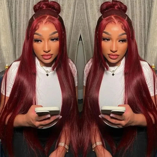 30 Inch 99j Burgundy Lace Front Wig Bone Straight Human Hair Wigs For Women Pre Plucked Colored Hd Transparent Lace Frontal Wig