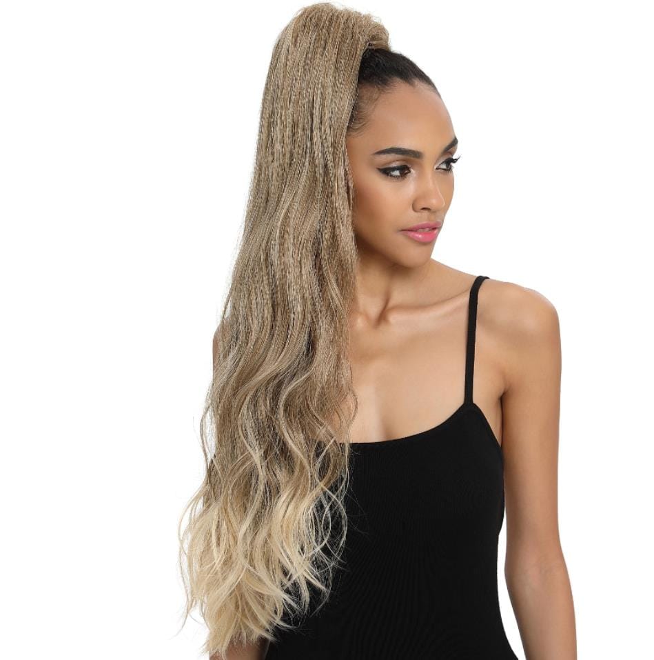 30 Inches / P12/16/613 synthetic ponytail sleek wholesale heat resistant fiber blond long body wave elastics ties clip ponytail synthetic hair bundles