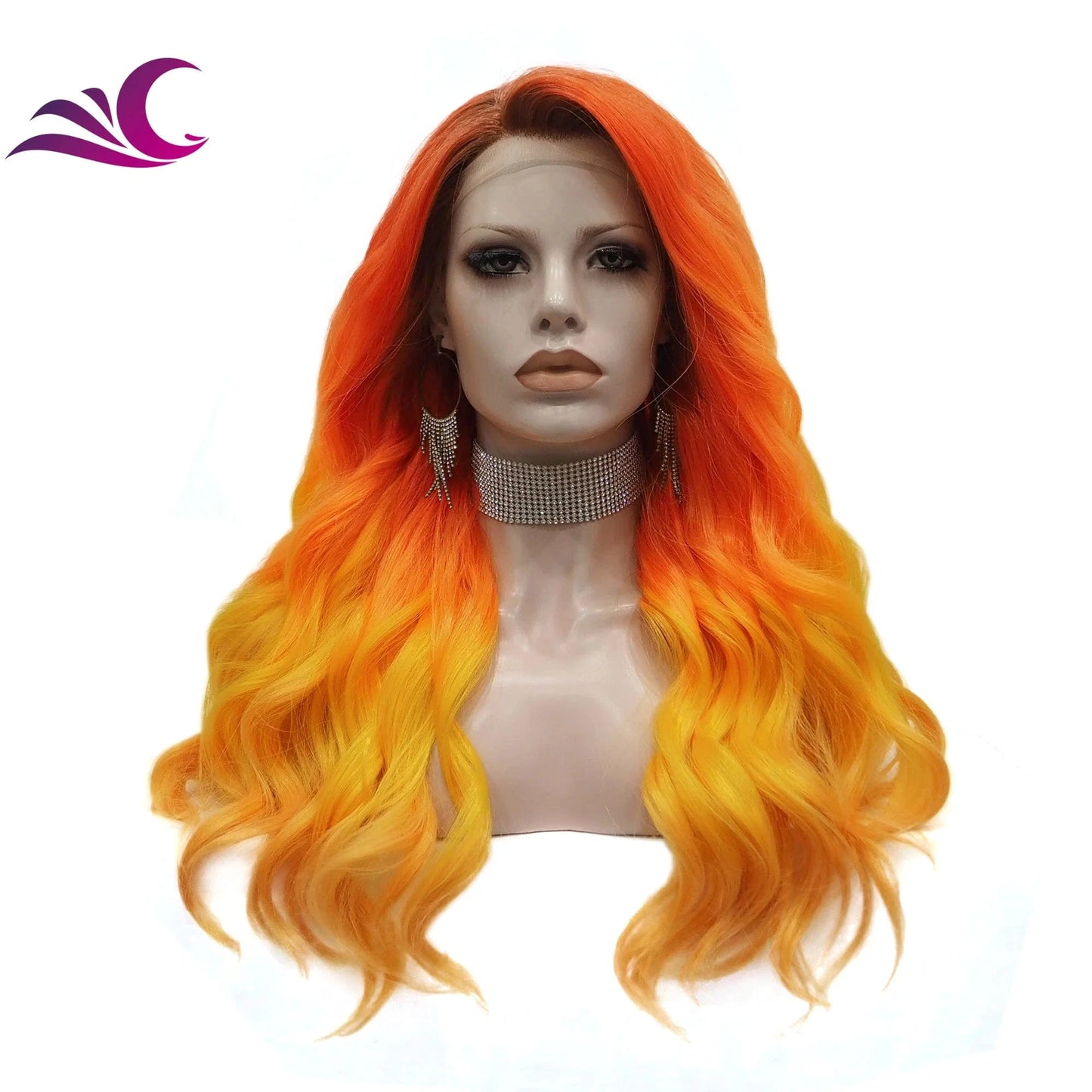 30 Inches / SQ1-2106A Celebrity Ombre Orange Wig Wavy Synthetic Heat Resistant Fiber Lace Front Wig For Cosplay Wigs