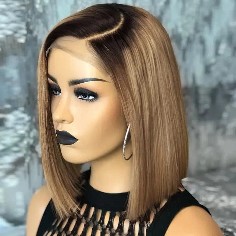 30 Inches / # style7 Glueless Cuticle Aligned Brown Highlight Color Straight Bob Cut Pixie Wig Pre Plucked Lace Front Wigs