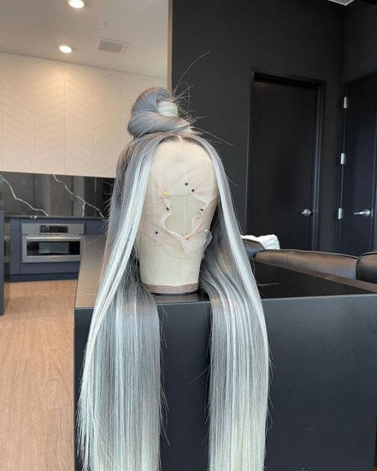 30Inch Straight Brazilian Human Hair Lace Frontal Wigs For Women Gray black Ombre Blonde Lace Front Wig Grey Colored Lace Wig