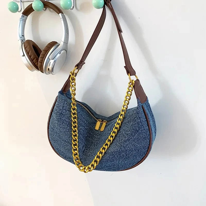 30x11x16cm / 4161 Coffee Small Hobos Women Shoulder Bags Denim Leather Underarm Handbags Luxury Crescent Clutches Designed Soft Hobo Purse for Female