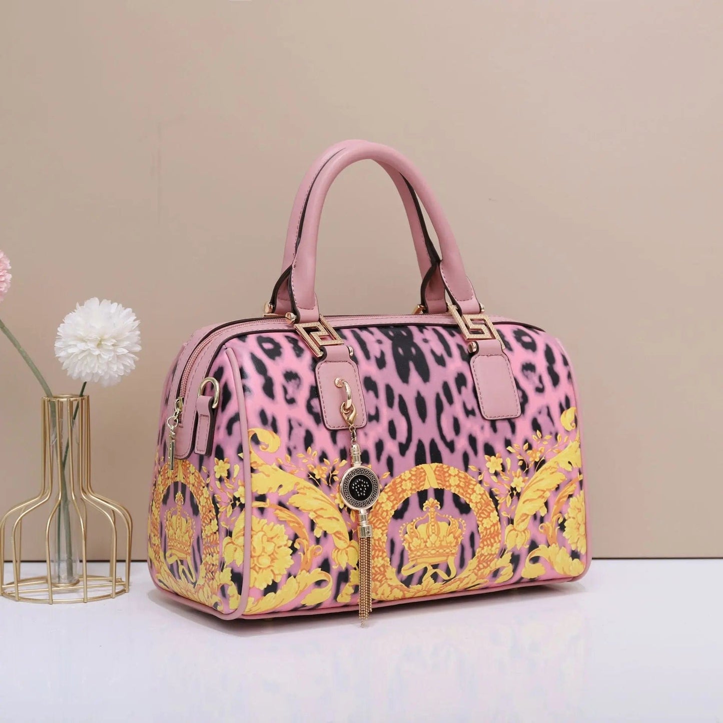 30X15X20.5CM / Pink Famous Brand Top Quality Leather Leopard Print Boston Bags Women Genuine Leather Handbags Cosmetic Bag Handbags for Women Luxury