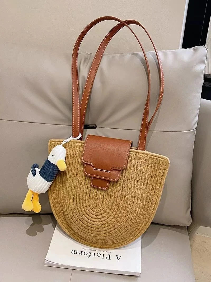31*26*8cm / Khaki Women Casual Straw Woven Bag Lady Vocation PU Belted Cover Bucket Shoulder Bag Female Summer Outdoor Shopping Handbags