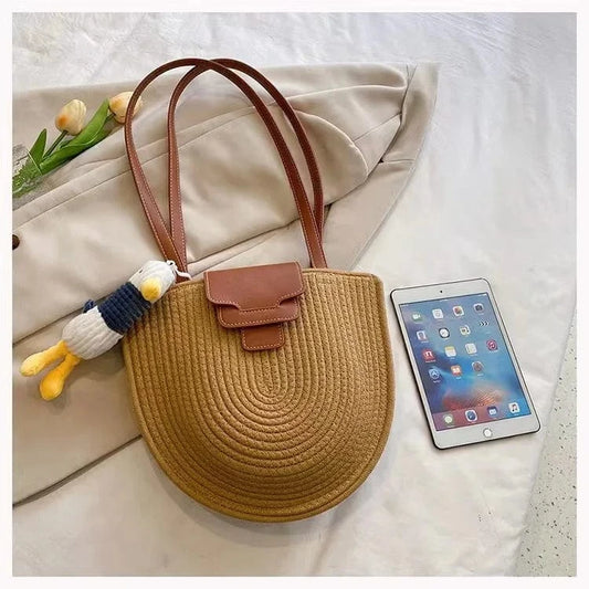 31*26*8cm / Khaki Women Casual Straw Woven Bag Lady Vocation PU Belted Cover Bucket Shoulder Bag Female Summer Outdoor Shopping Handbags