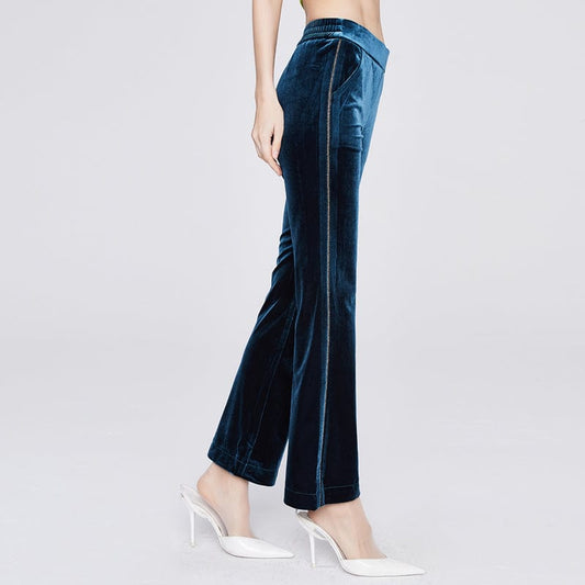 32 / NAVY 2022 Diamond-studded elastic waist Velvet fabric Straight casual plus size women's pants & trousers 21096