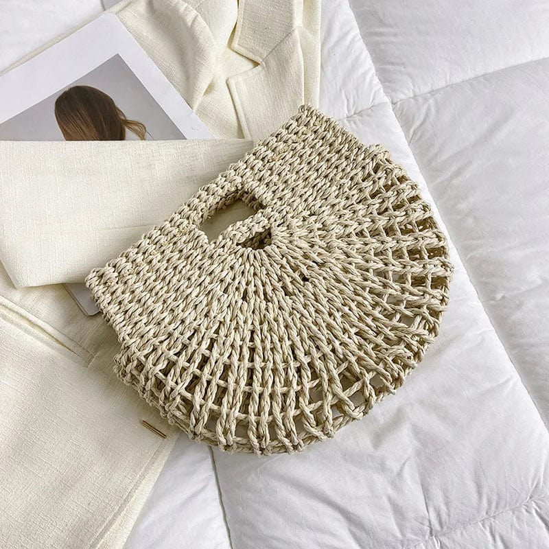 33x8x25cm / 1232 Beige New Hollow Out Women Half Moon Hand Bag Paper Rope Straw Woven Hobo Tote Bag for Daily Life Korean Style Beach Travel Handbags