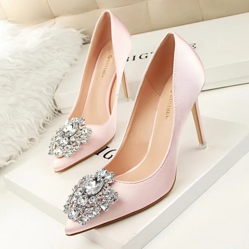 34 / Pink New Women Korean Shining Crystal simple  high heels Slippers Shallow pointed mouth thin mature sexy women High Heel Sandals