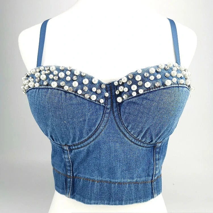 34 / S / Blue 2023 New Ladies fashion corset tops Pearl Accessories Denim corsets tops for women's Sexy