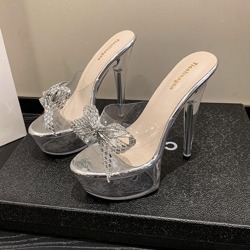 34 / silver 11cm PDEP 2023 Summer Waterproof Platform Fashion platform Transparent thick Ultra High Heel Sandals Women's Slippers chunky mule