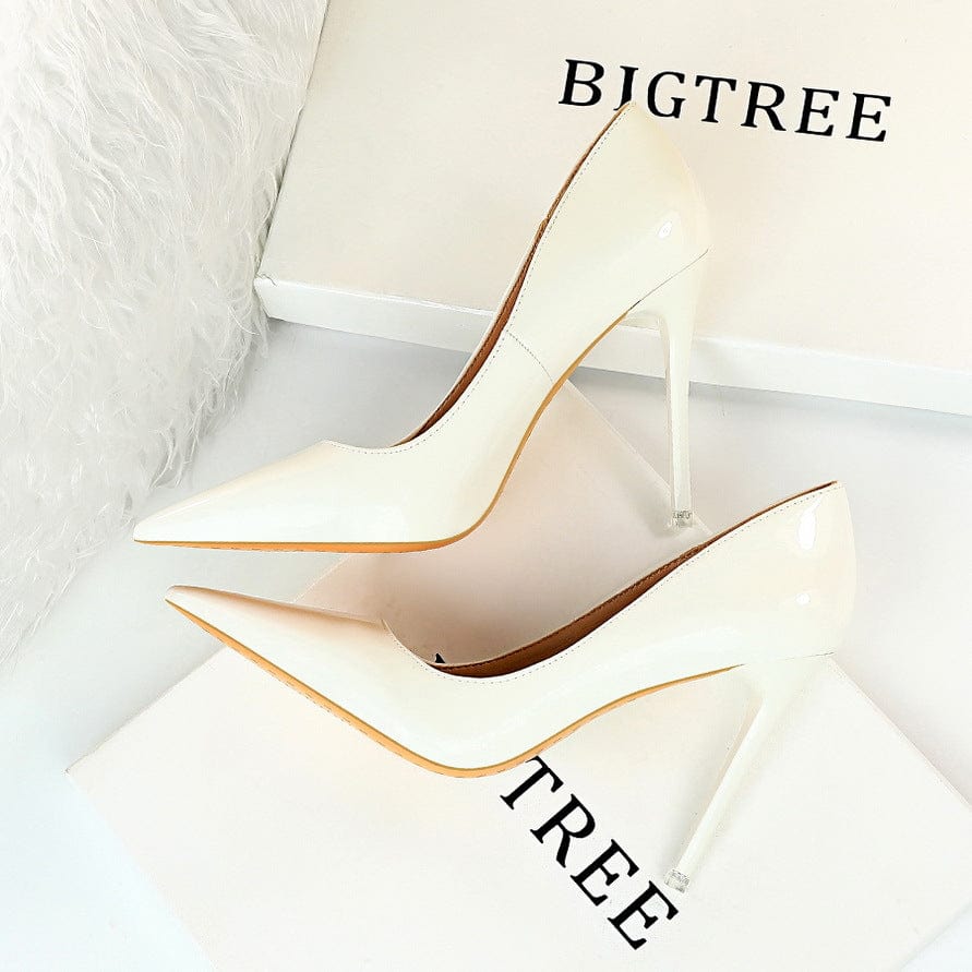 34 / White S4676F  Fashion simple stiletto super high heel glossy patent leather shallow mouth pointed toe sexy slimming wedding shoes