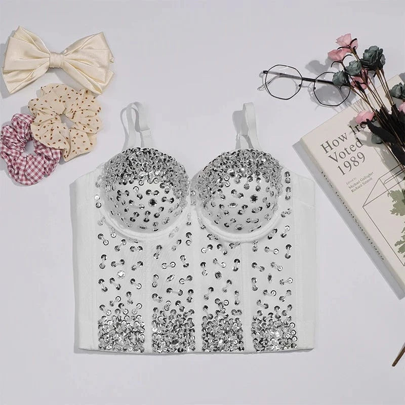 34B / White Trendy Clothes 2022 Womens Glass Diamond Bead Crop Top Night Shape Wear Corsets Bra