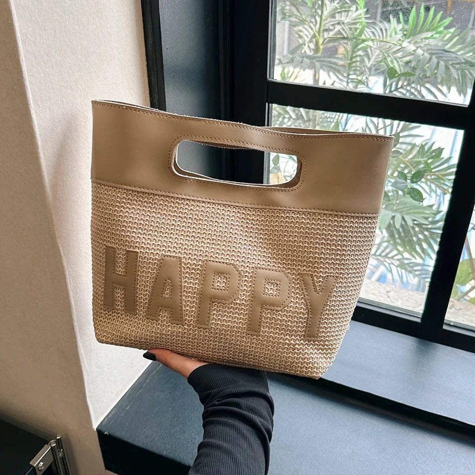 35*27*13cm / Khaki Large capacity Summer Straw bag for Women Happy Trend Handbag Bohemian casual beach shopping Tote Hand woven women Shoulder bag